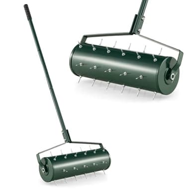 Costway Heavy-Duty Rolling Aerator for Lawn Care Filled Sand Stone, Garden Patio Yard Aerator with Lawn Soil Penetrating Spikes, 130 cm Long Metal Handle