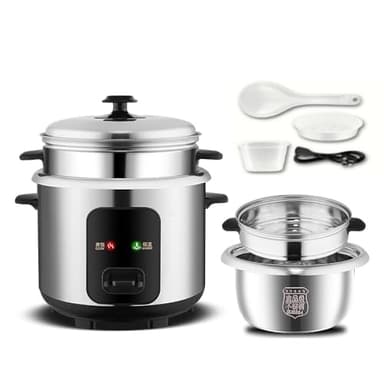Electric rice cooker with stainless steel inner pot and steaming pot, multifunctional steaming and stewing machine, is an ideal choice for small household appliances in dormitory/studio kitchens (2L)