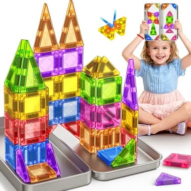 40PC Travel Magnetic Tiles for Kids Ages 3-5 with Iron Box Magnet Mini Building Blocks Kids Plane Toys for 3 4 5 6 7+Year Old Boys Girls Toddler Preschool STEM Construction Christmas Birthday Gifts