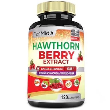 Tenmido Hawthorn Berry Supplement - 120 Vegan Extract Capsules for 4 Months - Combined Beet Root, Ashwagandha, Turmeric Curcumin & Black Pepper