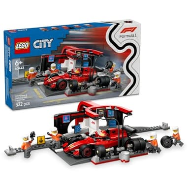 LEGO City F1 Pit Stop & Pit Crew with Ferrari Car Toy for 6+ Year Old Boys & Girls, Formula 1 Vehicle Building Set with 5 Minifigures, Kids Toy Racing Car Playset 60443