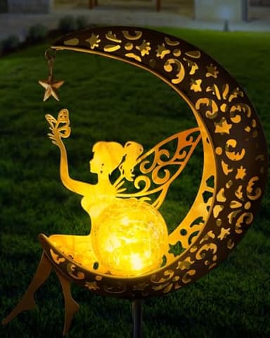 Solar Garden Lights, Solar Garden Statues Outdoor Decor, Fairy Moon Figurine Light Stake, Housewarming Ornament for Patio, Lawn, Yard, Pathway - Unique Gift Ideas for Gardening Mom Grandma