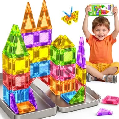 Travel Magnetic Tiles for Kids Ages 3-5 with Iron Box 40PC Magnet Mini Building Blocks Kids Plane Toys for 3 4 5 6 7+Year Old Boys Girls Toddler Preschool STEM Construction Christmas Birthday Gifts
