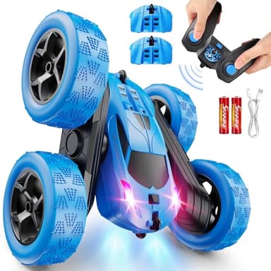 QUNREDA Remote Control Car, RC Cars Toys for Kids Ages 6-12, 4WD Stunt Car with LED Lights & 360° Flips, 2.4GHz, Upgraded USB-C Modular Batteries, Ideal Birthday Gift 8-10 Year Old Boys Blue