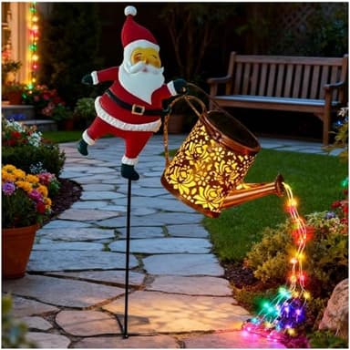Christmas Santa Solar Kettle Lights Garden Lawn Decorative Lights, Waterproof Metal Garden Decor with LED Light - Hanging Solar Kettle, for Backyard,Lawn,Patio (Colored Lights)