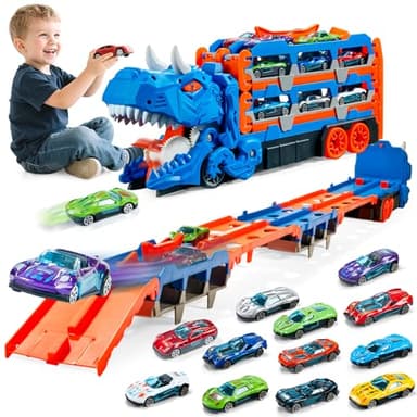 PELOSTA Car Toys for 3 4 5 6 Years Old Boys,Dinosaur Transporter Truck with 5-FT Race and 12 Die-Cast Cars,Toddler Dino Educational Toys for Kids 3-5 6-8 Year Old Boys Girls Birthday Gifts