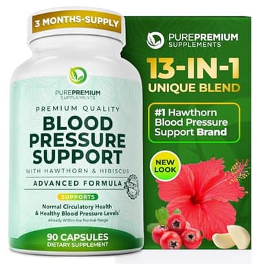 Premium Blood Pressure Support Supplement by PurePremium with Hawthorn, Hibiscus & Garlic - Supports Normal Cardiovascular & Circulatory Health -Vitamins & Herbs Support Normal Heart Health - 90 Caps