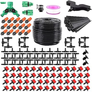 Tivddikun Garden Irrigation System, 164FT/50M Drip Irrigation Kit, DIY Saving Water Automatic Irrigation Equipment Set for Garden, Greenhouse, Lawn, Patio (200PCS + 50M Hose)
