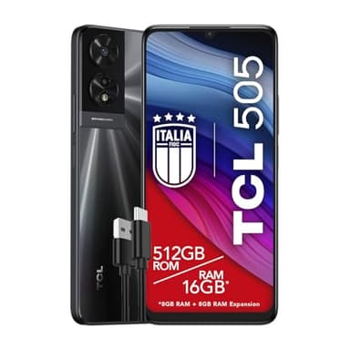 TCL 505-4G Smartphone Display 6.75 HDplus 90Hz 512GB 16GB RAM (8plus8GB RAM Expansion), 50MP Hybrid Camera, Android 14, 5010mAh Battery, Dual SIM, Space Grey, Additional USB Type-C Cable