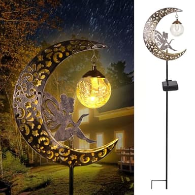 Solar Lights Outdoor Garden Decor LED Moon Fairy Crackle Glass Lights Waterproof Metal Stake Ornament for Patio Lawn Yard Outside Decorations- Unique Gift Ideas for Gardening (Warm White)